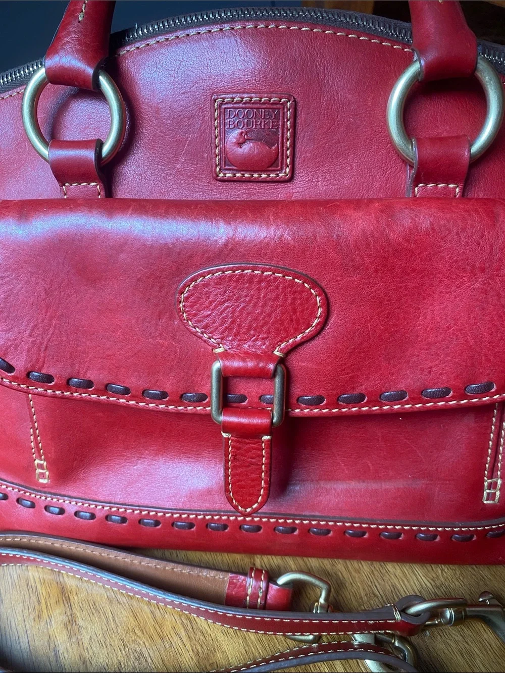 Dooney & Bourke Florentine Janine Red Leather Satchel Whip Stitching Top Handles